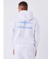 SUDADERA PXP BLANCA DETALLES AZUL CON LOGO AZUL EN ESPALDA